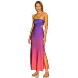 Womens High Street Casual Cutout Tube Tops Dress Fashion Gradient/Solid Color Off-shoulder Skinny Slit Long Sundress-Outfit