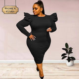 Size Dresses for Women Office Lady Puff Sleeve Solid Bodycon Stretch New Style Elegant Maxi Dress Wholesale
