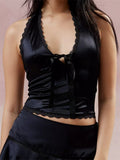 Sexy Women Satin Halter Mini Vest Lace Trim Front Bowknot V-Neck Backless Cropped Camis Off Shoulder Party Tank 2024-Outfit