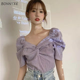 Women Summer Purple Solid V-neck Ruched Design Crop Top Elegant Korean Style Chic Female Sexy Cute Daily Trendy