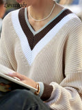 Autumn Women's Striped Knitted Sweater Oversize Thick Warm Loose Jumper Tops Vintage V Neck Ladies Pullover Sweaters