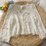 2021 New Summer Thin Knitted Cardigans Korean Solid V Neck Lace Hollow Out Sweaters Vintage Elegant Outwear