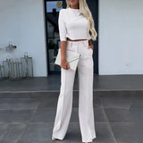 Women Korean Solid Short Tops Two Piece Sets Simple Round Neck Loose Straight Long Pants Set High Waist Ladies Autumn-Outfit