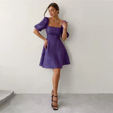 Women's New Temperament Square Collar Short Sleeve High Waist Thin Dress