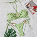 Toloer New Sexy Swimsuit Metal Accessories Hollow Bikini Solid Color Chest Strap Women's
