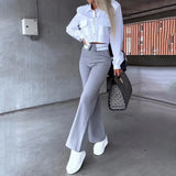 Turn Down Collar Solid Shirt Tops Single Breasted Women Two Piece Sets Flared Long Pants Set High Waist Slim Fit 2023-Outfit
