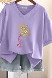 100% Cotton L-5XL Plus Size T Shirt Print Short Sleeve Women's Top Japanese Summer Sweet Couple V Neck Oversize T