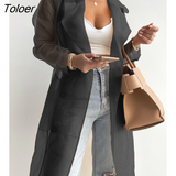 Women Fashion See Through Outdoor Tops Lace Up Spring Solid Sheer Mesh Long Sleeve Buttoned Coat With Belt Elegant