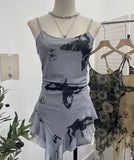 À±bab Net Yarn Print Small Sling Vest Tidly Tidly Ribbon Ribbon Leaves Edge Sleeveless Top