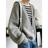 Women's Big V Neck Oversize Ruched Knitted Cardigan Lantern Sleeve Loose Sweater