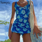 Fashion 90s Women E Girls Floral Print Summer Strap V Neck Club Dress Y2K Blue Mini Wrap Casual Beach Bodycon Dress
