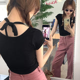 Desire Hot Girls Design Sense To Hang Neck U-Collar Short-Sleeved T-Shirt Summer New Style Waist Shows Slim All Kinds Of Short Style Blouse Trend-Outfit