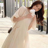 Dresses Women Solid Chiffon Tender Ladies Temperament Ins French Style O-neck Puff Sleeve Dating Fashion Mujer Pockets
