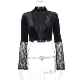 Autumn New Lace Horn Sleeve Blouse Dark Sexy Perspective Women's Slim Long Sleeves-Outfit