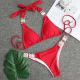 Toloer 2023 New Sport Bikini Sexy Crystal Diamond Bandage Red Split Female