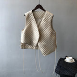 Women's Plaid Lace Up Cotton Quilted Vest 2022 Winter New Loose Casual Top Cotton