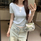 And Light High-Grade Blue Color Striped Short-Sleeved Shoulder T-Shirt Women's Summer Stretch Waist Short Style Foreign Style T-Shirt-Outfit