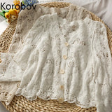 2021 New Summer Thin Knitted Cardigans Korean Solid V Neck Lace Hollow Out Sweaters Vintage Elegant Outwear