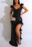 Feather Sequin Backless Maxi Dress Party Elegant Luxury Evening Dresses 2023 Going Out Womens Sexy Clothing