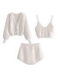 Set Shaggy Korea Style White Cardigan Furry Single-breasted Button Tank Top Knitted Sweater Jumper 1 Set-Outfit