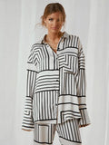 Lapel Irregular Stripe Button Shirt And Pants Women Sleep Suit 2 Piece Single-Breasted Print Casual Home Suit