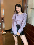 Xixi 2025 Autumn White Standard Korean Version Of Elegant Sky Silk Temperament Lotus Leaf Thin Chiffon Small Shirt