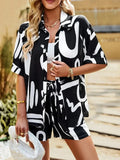Sets Women Print Two Piece Suit Half Sleeve Shirts Button Lapel T Shirt Drawstring Trousers Ladies Summer Matching Set-Outfit