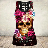 Tops Women 3D Skull Printed Cut Out Back Tshirt Halloween Gothic Sleeveless Top Gym Workout Vest Fitness Shirt