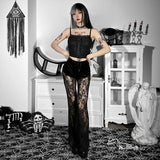 Pure Black 2024 Summer Sexy New Lace Commuter Casual Pants Perspective Net Gauze Long Trousers Generation Hair Girl-Outfit