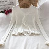 Korean Sweet Summer Cardigans Vintage Office Lady V Neck Flare Long Sleeve Ruffles Sweaters Japanese Knitwear