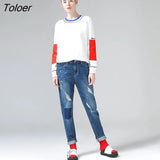 Women T-Shirts Autumn Patchwork Hit Color Long Sleeve Blouse Casual Loose Round Neck Basic Tops Cotton