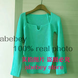 new spring sexy stylish sqaure collar full sleeves knitting pullover sexy slim T-shirt female top