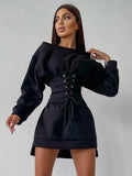 Party Dress With Belt Long Sleeve Sexy Mini Dress Women Laceup Casual Fashion 2021 Autumn Winter Lady Elegant