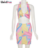 Puss Contrast Low-Neck Women Wild Matching Set Halter Bandage Crop Top And Skirts Summer Sexy Backless Streetwear