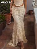 Elegant Fashion Slim Lace Trumpet Skirt Holiday See Through Sexy Mid-Waisted Maxi Skirts Women 2023 Autumn Spring Ladies-Outfit