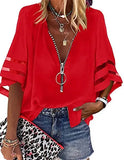 Zipper Half Bell Sleeve Mesh Solid Color Stitching Loose Casual Women's