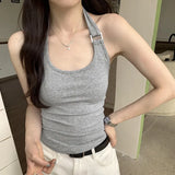 Design Feels That The Spicy Girl Hangs Her Neck In Pure Color And Wears A Vest Outside Her Back. 2024 New Style Shows Thin And Short Style With Bottom Sling Inside.-Outfit
