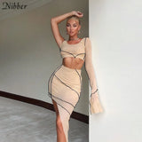 sexy club mesh see-through Patchwork asymmetry Bodycon 2 pieces set women long sleeve crop top and skinny mini skrit