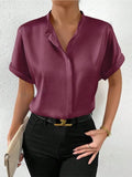 Women's Dress Solid Color Satin Short-Sleeved Shirt With Shoulder Collar Short-Sleeved Shirt Satin Shirt-Outfit