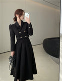 Temperament For Women Black Long Sleeve Short Blazers + High Waist Long Pleated Skirt 2 Piece Sets Female Elegant
