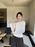 Xixi 2025 Autumn New White Standard Temperament Slant Shoulder Solid Color Knit Shirt Long Sleeve Top Sweater Female