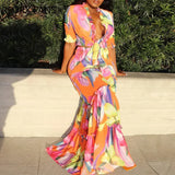 Women Chic All Over Print with Floral Pattern Crop Half Long Sleeves Folds Fungus Sexy Maxi Skirt Sets-Outfit