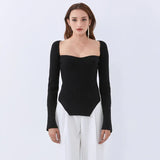 Black Slim Sweater For Women Square Collar Long Sleeve Side Split Knitted Pullover Female 2022 New