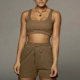 Solid Sportswear 2 Two Piece Sets Women 2021 Crop Top And Drawstring Shorts Matching Suits Summer Athleisure Outfits