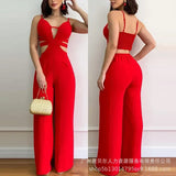 Piece Sets Women Sexy Sleeveless V Neck Hollow Out Splice Jumpsuits Sling Overalls Solid Wide Leg Long Pants Rompers 2023-Outfit