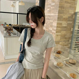 Short Threaded Shoulder Slim Short-Sleeved T-Shirt Women's New Solid Color Summer Casual Round Collar Blouse-Outfit