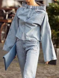 Women's Denim Loose Coat Long Flare Sleeve Burr Irregular Patchwork Solid Color Jackets 2024 Summer American Retro 29L1211-Outfit