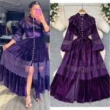 Dress Women's French Retro Fashion Collar Pearl Single Buckle Lace Splicing Velvet Swoon Long