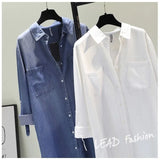 And Long Cotton Denim Shirt Skirt 2023 Spring And Autumn New Double Pocket Rolled Sleeve Thin Shirt Woman-Outfit