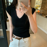 Solid Color Temperament V-Collar Knitted Sleeveless Vest Women's 2024 New Spring And Summer Slim And Thin Underwear-Outfit